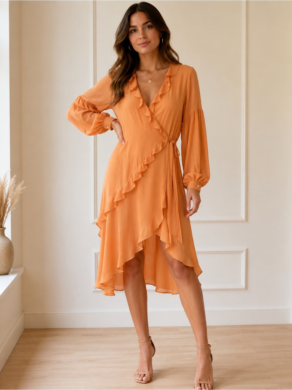 Capulet Orange Ruffle Wrap Midi Dress